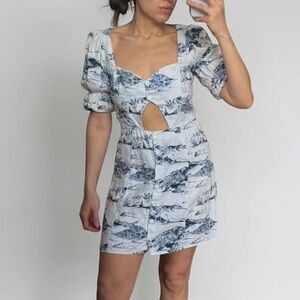 Reformation Linen Mini Dress Cut Out Puff Sleeve Graphic French Toile De Jouy